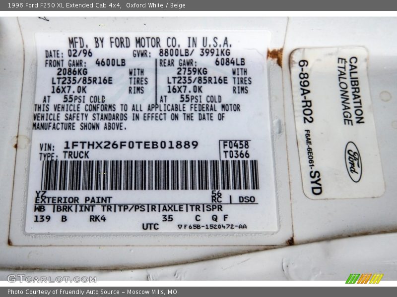 1996 F250 XL Extended Cab 4x4 Oxford White Color Code YZ