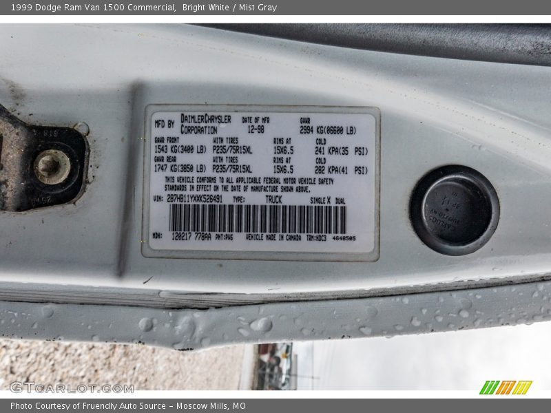 Bright White / Mist Gray 1999 Dodge Ram Van 1500 Commercial