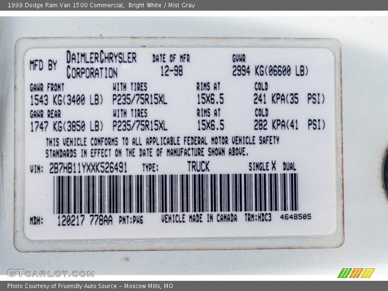 1999 Ram Van 1500 Commercial Bright White Color Code PW6