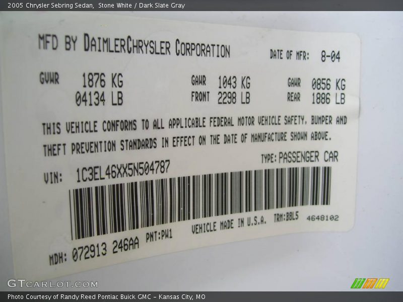 Stone White / Dark Slate Gray 2005 Chrysler Sebring Sedan