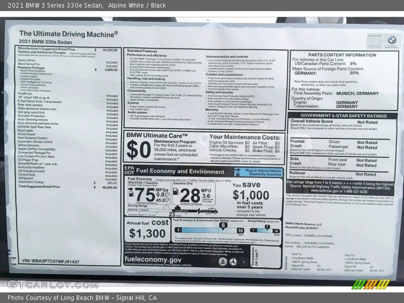 Alpine White / Black 2021 BMW 3 Series 330e Sedan