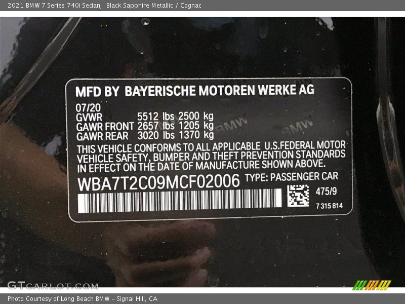 2021 7 Series 740i Sedan Black Sapphire Metallic Color Code 475