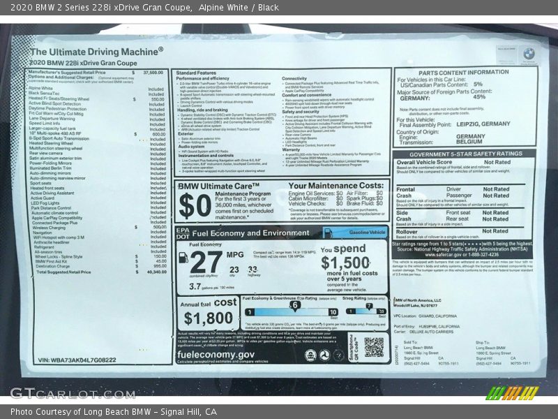 Alpine White / Black 2020 BMW 2 Series 228i xDrive Gran Coupe