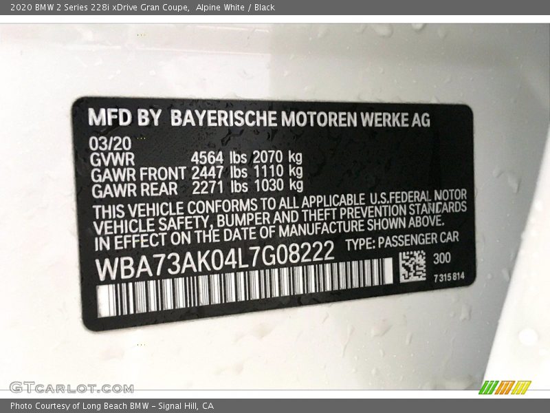 Alpine White / Black 2020 BMW 2 Series 228i xDrive Gran Coupe