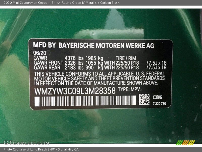 2020 Countryman Cooper British Racing Green IV Metallic Color Code C38