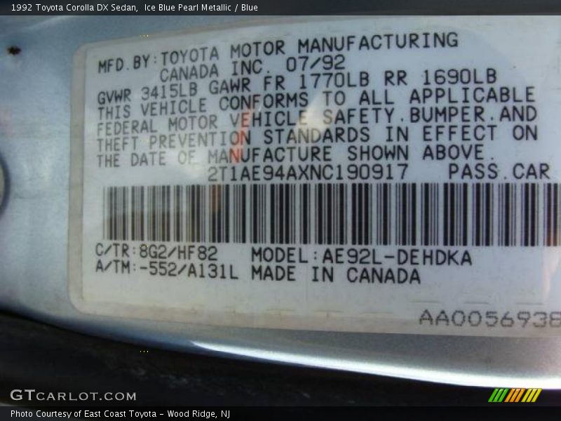 Ice Blue Pearl Metallic / Blue 1992 Toyota Corolla DX Sedan