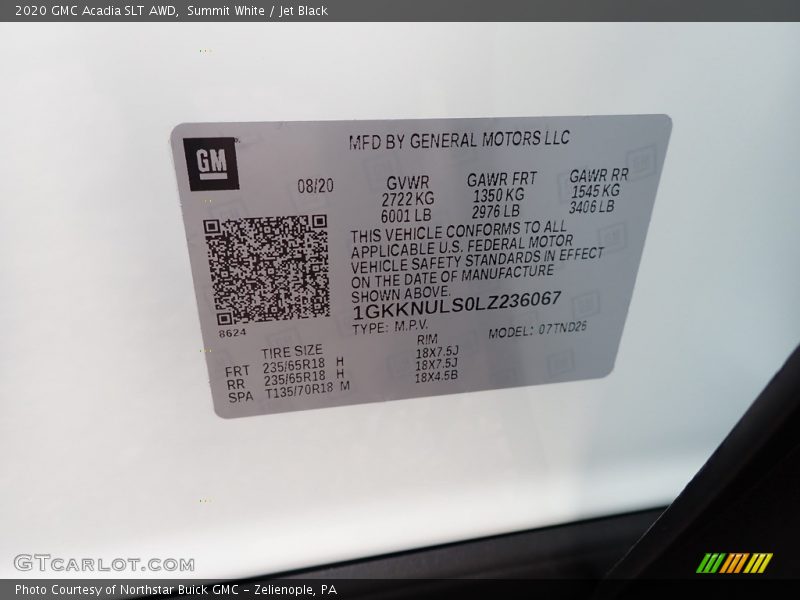 Summit White / Jet Black 2020 GMC Acadia SLT AWD