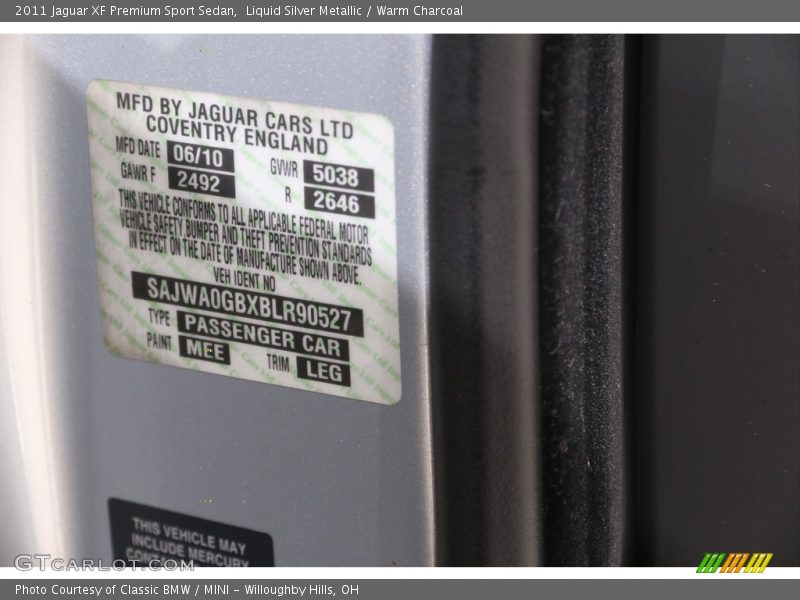 Liquid Silver Metallic / Warm Charcoal 2011 Jaguar XF Premium Sport Sedan