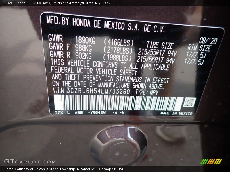 2020 HR-V EX AWD Midnight Amethyst Metallic Color Code YR642M