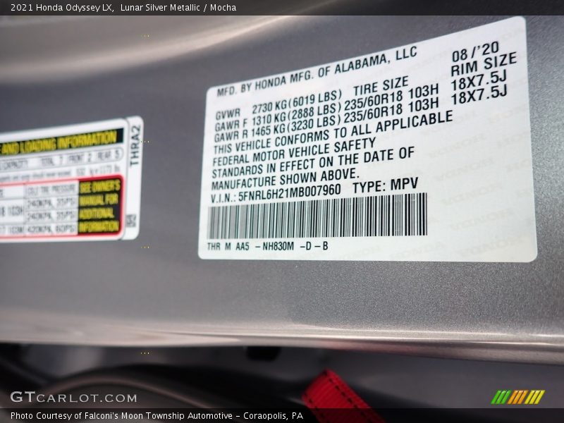 2021 Odyssey LX Lunar Silver Metallic Color Code NH830M