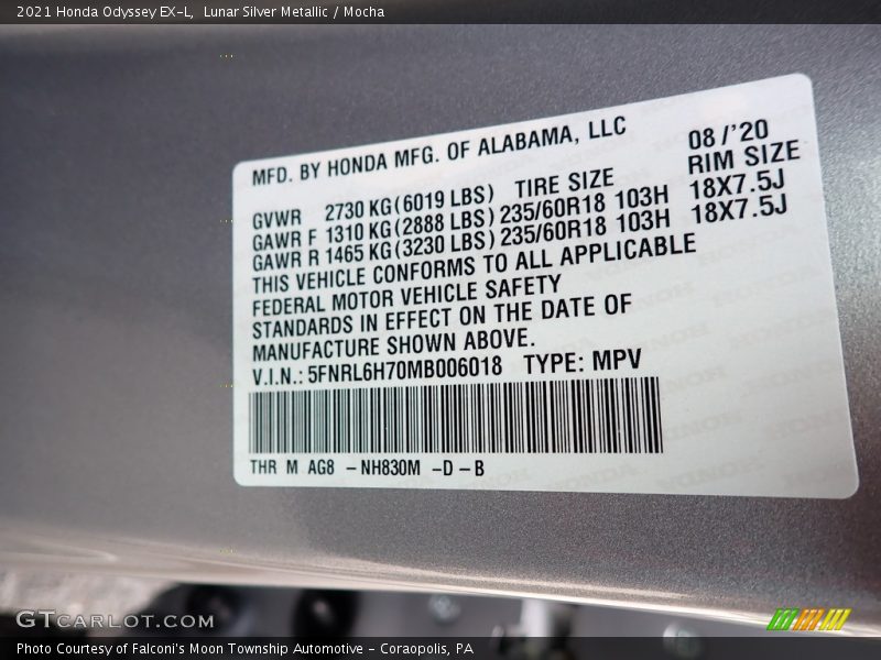 Lunar Silver Metallic / Mocha 2021 Honda Odyssey EX-L