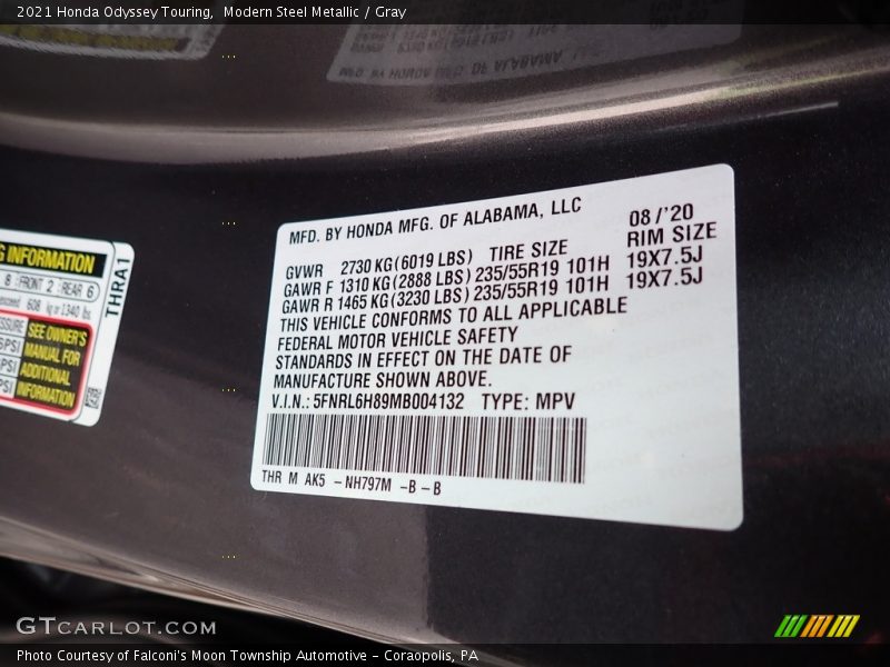 Modern Steel Metallic / Gray 2021 Honda Odyssey Touring