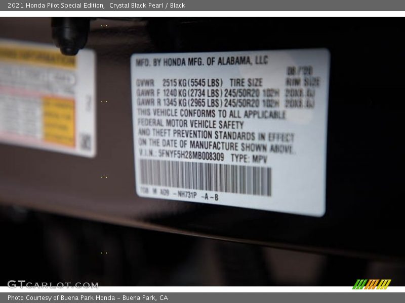 Crystal Black Pearl / Black 2021 Honda Pilot Special Edition