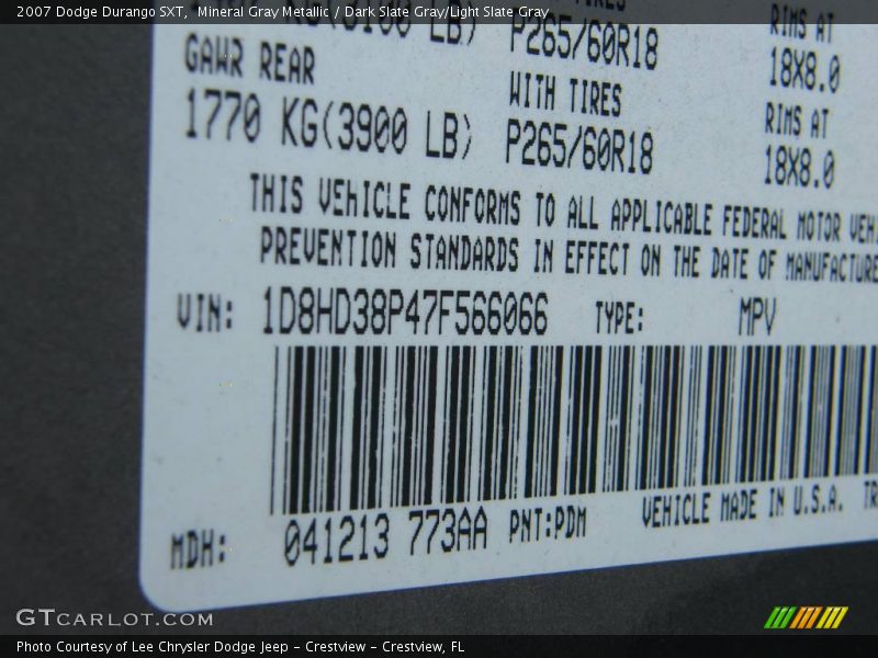 Mineral Gray Metallic / Dark Slate Gray/Light Slate Gray 2007 Dodge Durango SXT