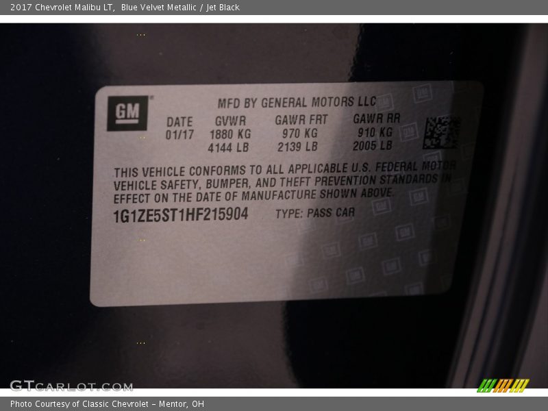 Blue Velvet Metallic / Jet Black 2017 Chevrolet Malibu LT
