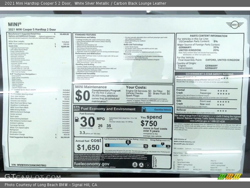  2021 Hardtop Cooper S 2 Door Window Sticker