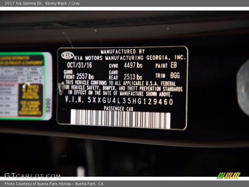 2017 Optima EX Ebony Black Color Code EB