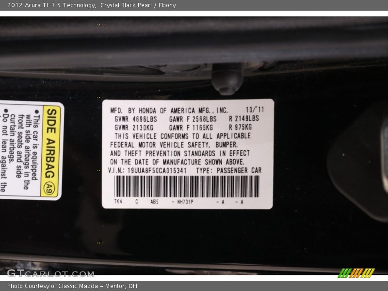 Crystal Black Pearl / Ebony 2012 Acura TL 3.5 Technology