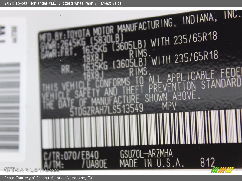 Blizzard White Pearl / Harvest Beige 2020 Toyota Highlander XLE