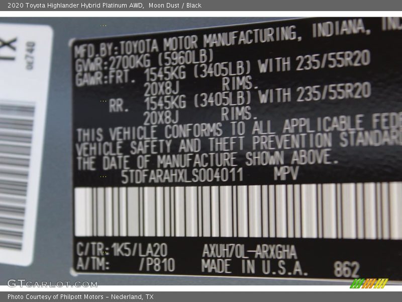 2020 Highlander Hybrid Platinum AWD Moon Dust Color Code 1K5