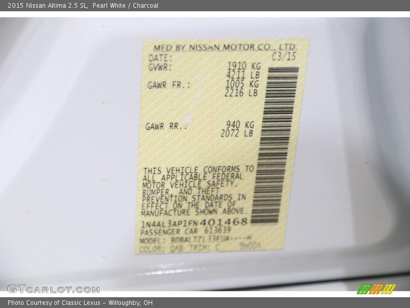 Pearl White / Charcoal 2015 Nissan Altima 2.5 SL