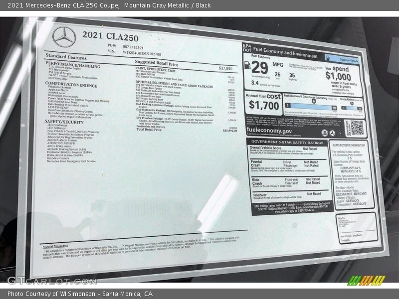  2021 CLA 250 Coupe Window Sticker
