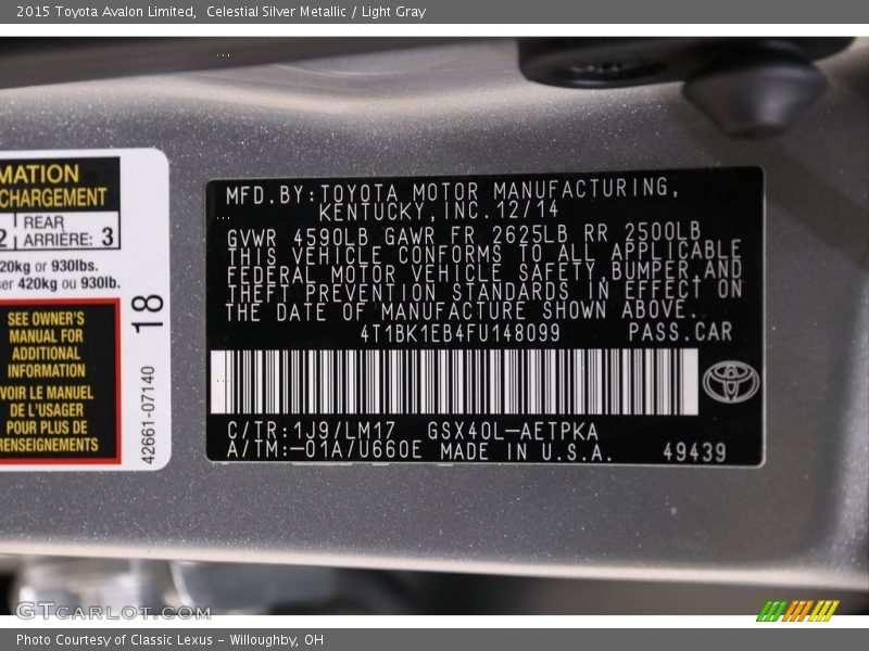 Celestial Silver Metallic / Light Gray 2015 Toyota Avalon Limited