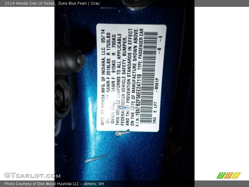 Dyno Blue Pearl / Gray 2014 Honda Civic LX Sedan