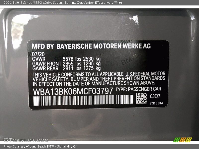 2021 5 Series M550i xDrive Sedan Bernina Gray Amber Effect Color Code C3E