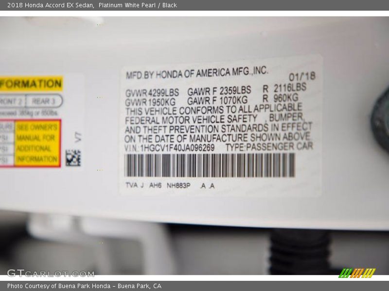 Platinum White Pearl / Black 2018 Honda Accord EX Sedan