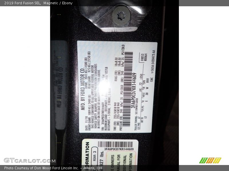 2019 Fusion SEL Magnetic Color Code J7