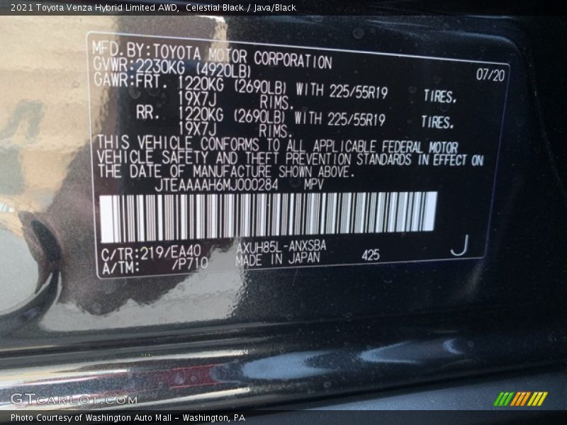 2021 Venza Hybrid Limited AWD Celestial Black Color Code 219