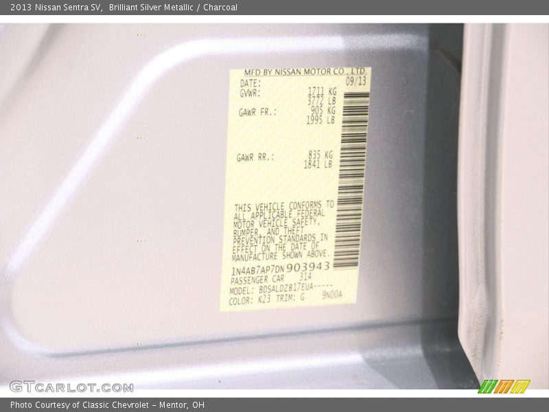 2013 Sentra SV Brilliant Silver Metallic Color Code K23