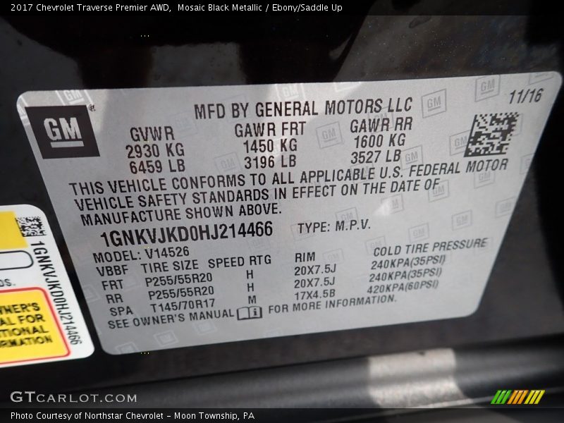 Mosaic Black Metallic / Ebony/Saddle Up 2017 Chevrolet Traverse Premier AWD