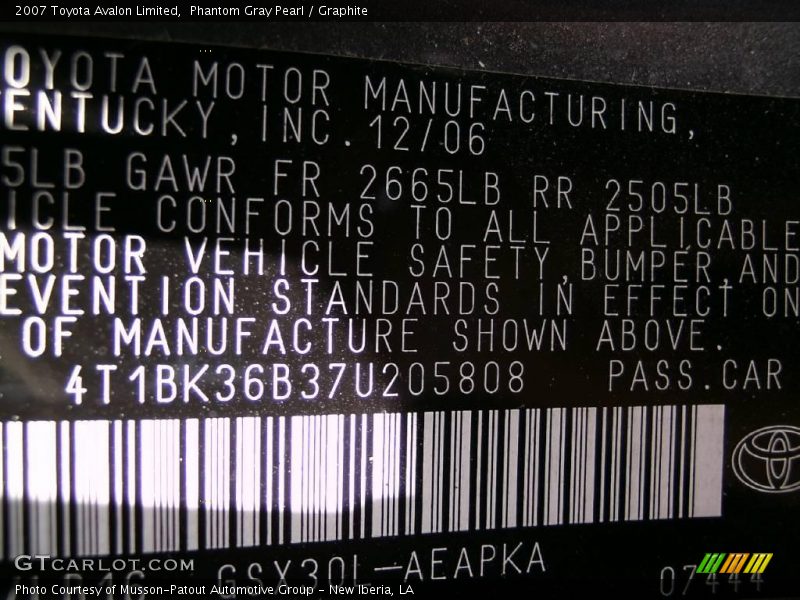 Phantom Gray Pearl / Graphite 2007 Toyota Avalon Limited