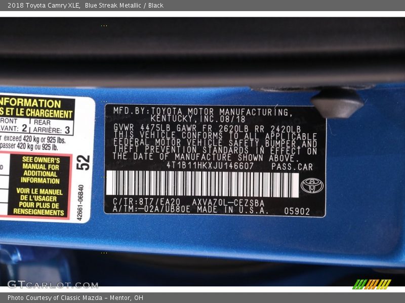 2018 Camry XLE Blue Streak Metallic Color Code 8T7