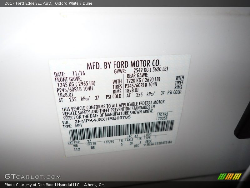 Oxford White / Dune 2017 Ford Edge SEL AWD