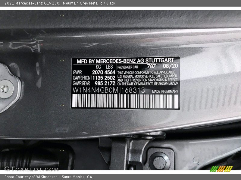 2021 GLA 250 Mountain Grey Metallic Color Code 787
