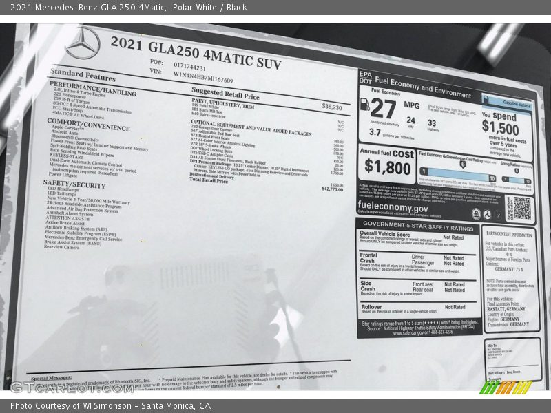  2021 GLA 250 4Matic Window Sticker