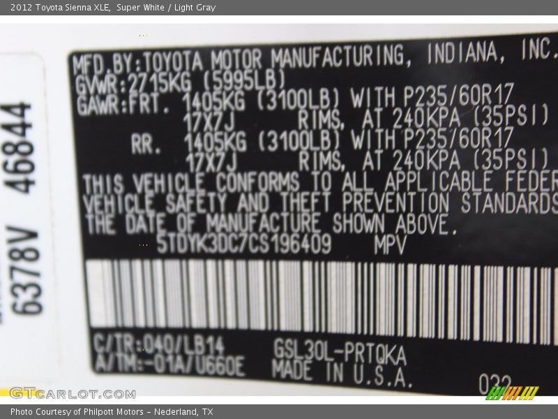 Super White / Light Gray 2012 Toyota Sienna XLE