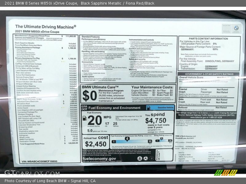  2021 8 Series M850i xDrive Coupe Window Sticker