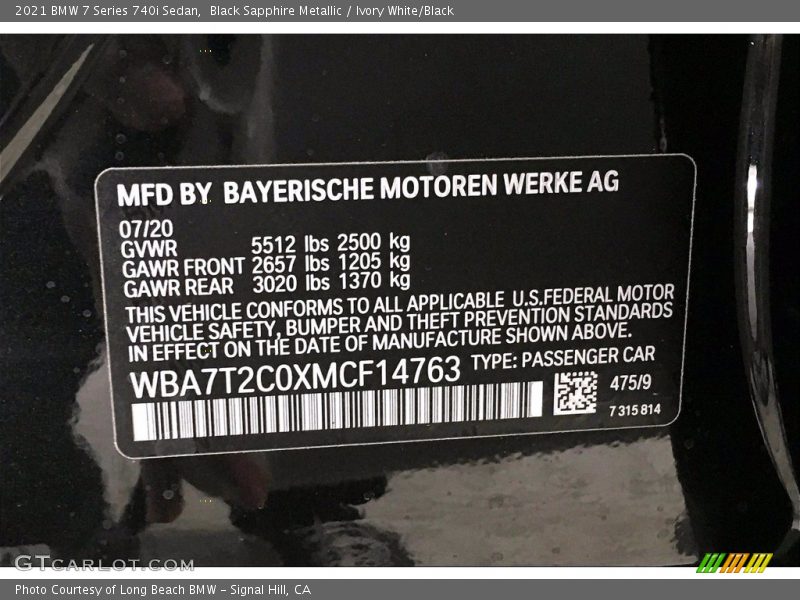 2021 7 Series 740i Sedan Black Sapphire Metallic Color Code 475
