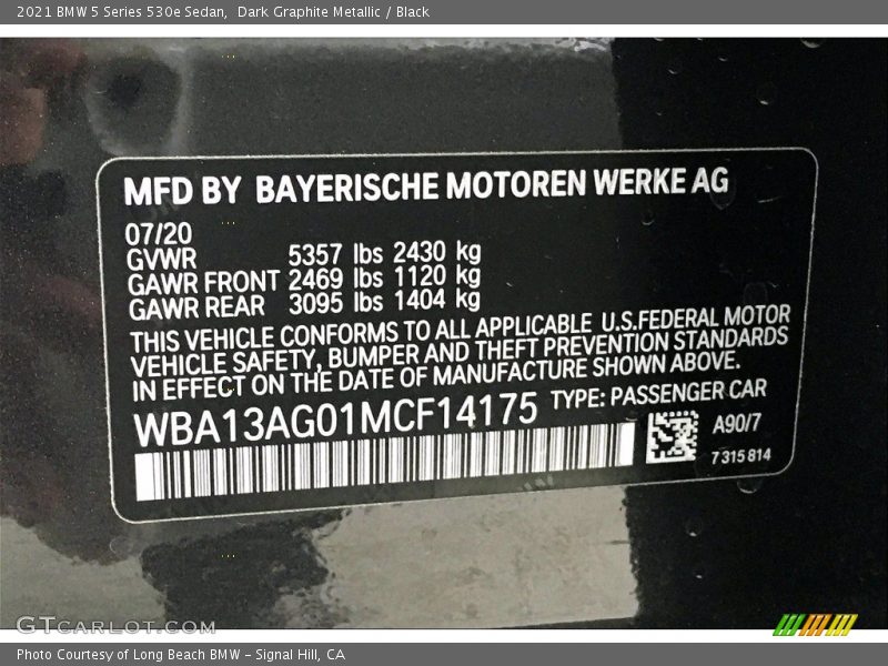 2021 5 Series 530e Sedan Dark Graphite Metallic Color Code A90