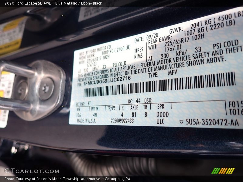 2020 Escape SE 4WD Blue Metallic Color Code FT