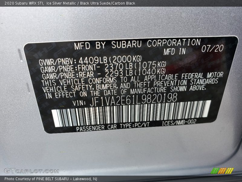 Ice Silver Metallic / Black Ultra Suede/Carbon Black 2020 Subaru WRX STI