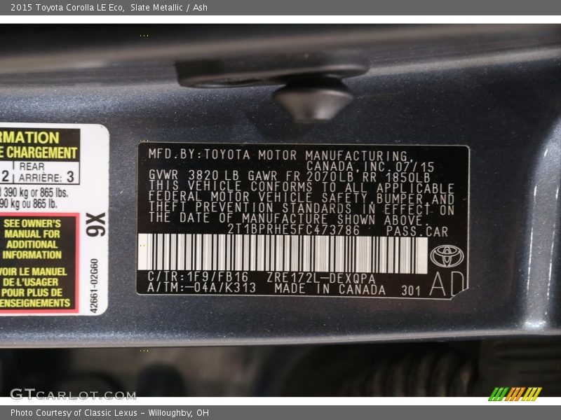 2015 Corolla LE Eco Slate Metallic Color Code 1F9