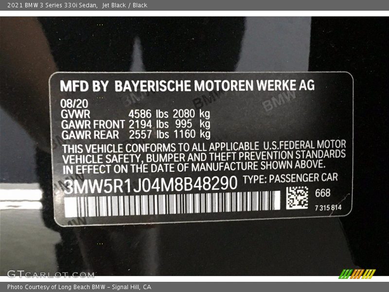 2021 3 Series 330i Sedan Jet Black Color Code 668