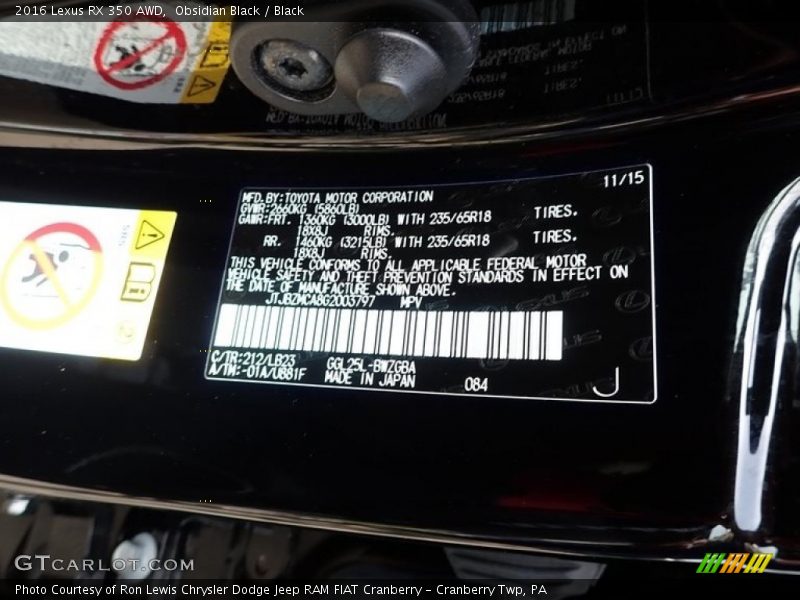 Obsidian Black / Black 2016 Lexus RX 350 AWD