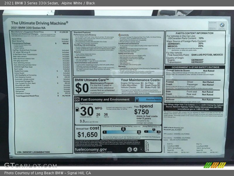  2021 3 Series 330i Sedan Window Sticker
