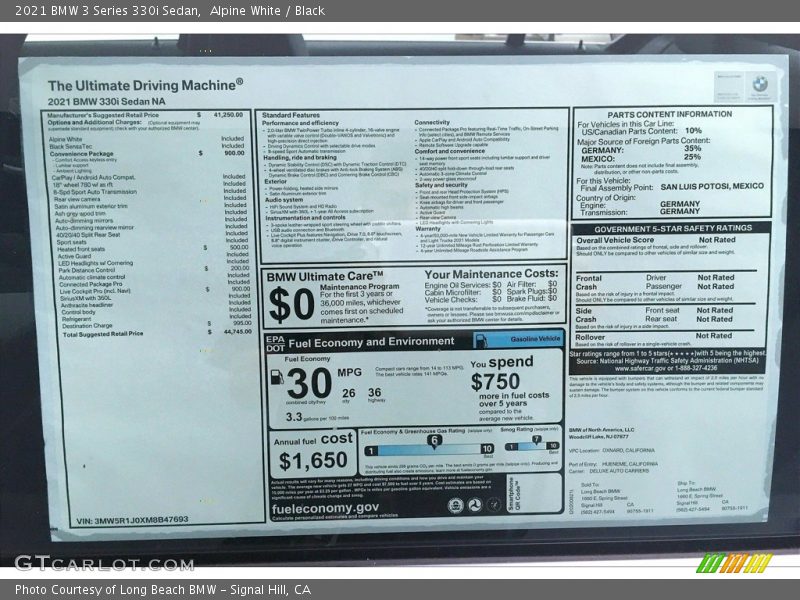  2021 3 Series 330i Sedan Window Sticker